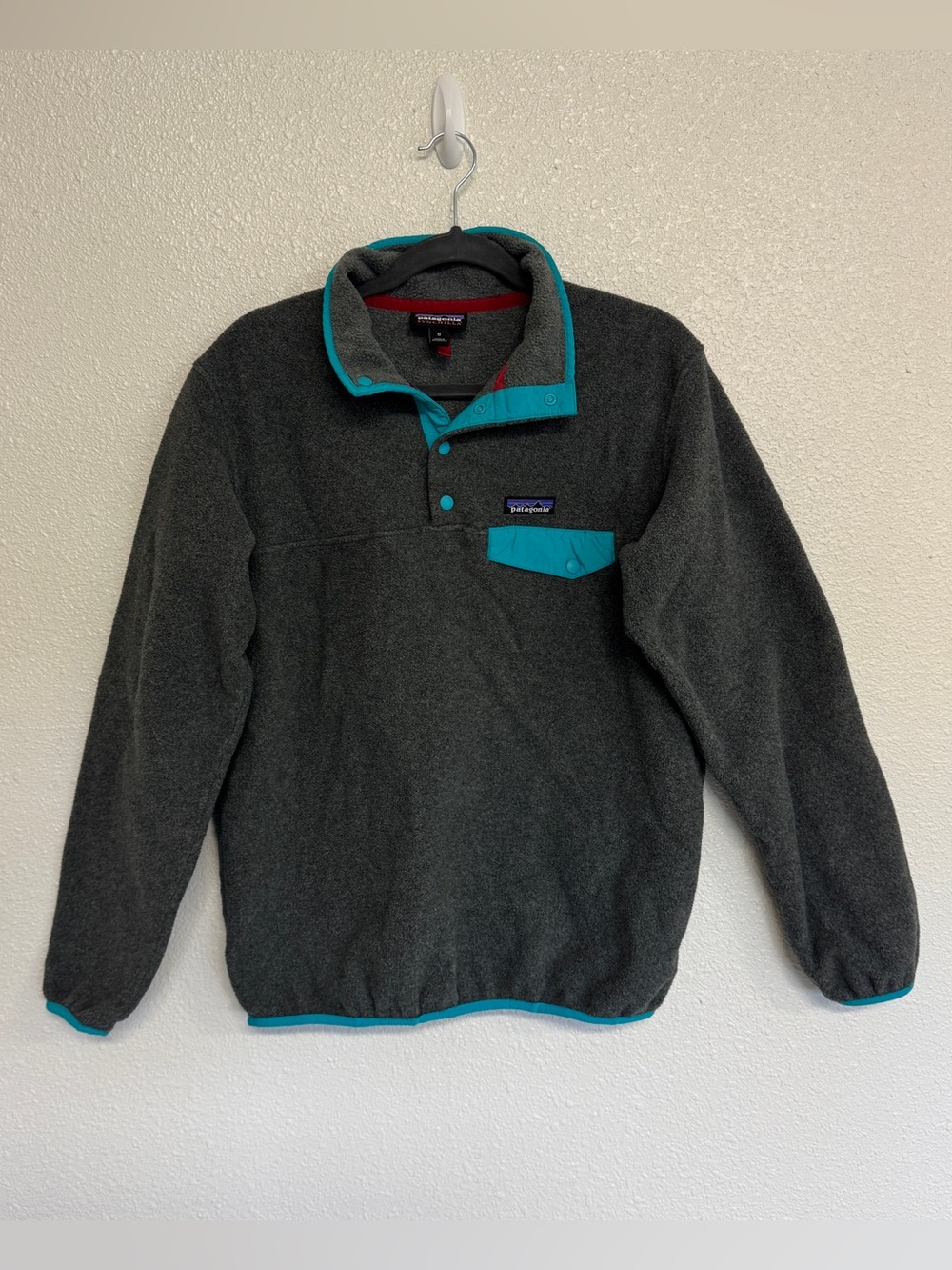 Patagonia Synchilla Snap-T Fleece Pullover Gray Bright Teal Trim Womens Medium
